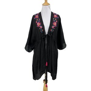 Anna & Ava Kimono Womens One Size Black Floral Embroidered Tassel Tie Cover Up
